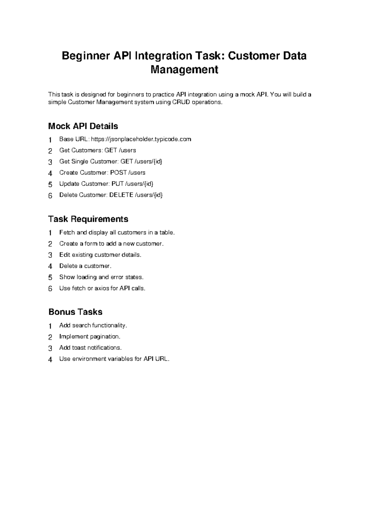 Beginner API Integration Task: Customer Data Management - Studocu
