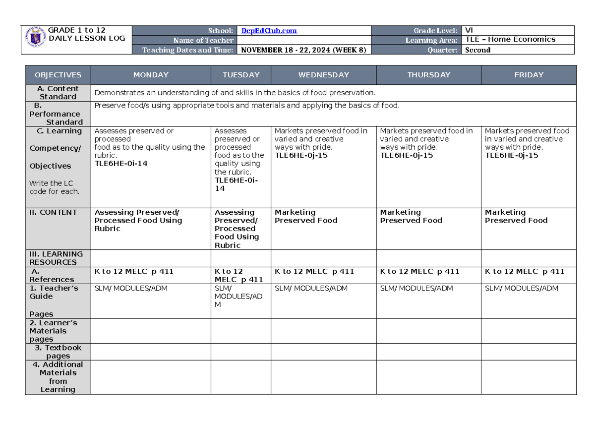 DLL TLE HE 6 Q2 W8 - Lesson Plan on Food Preservation Techniques - Studocu