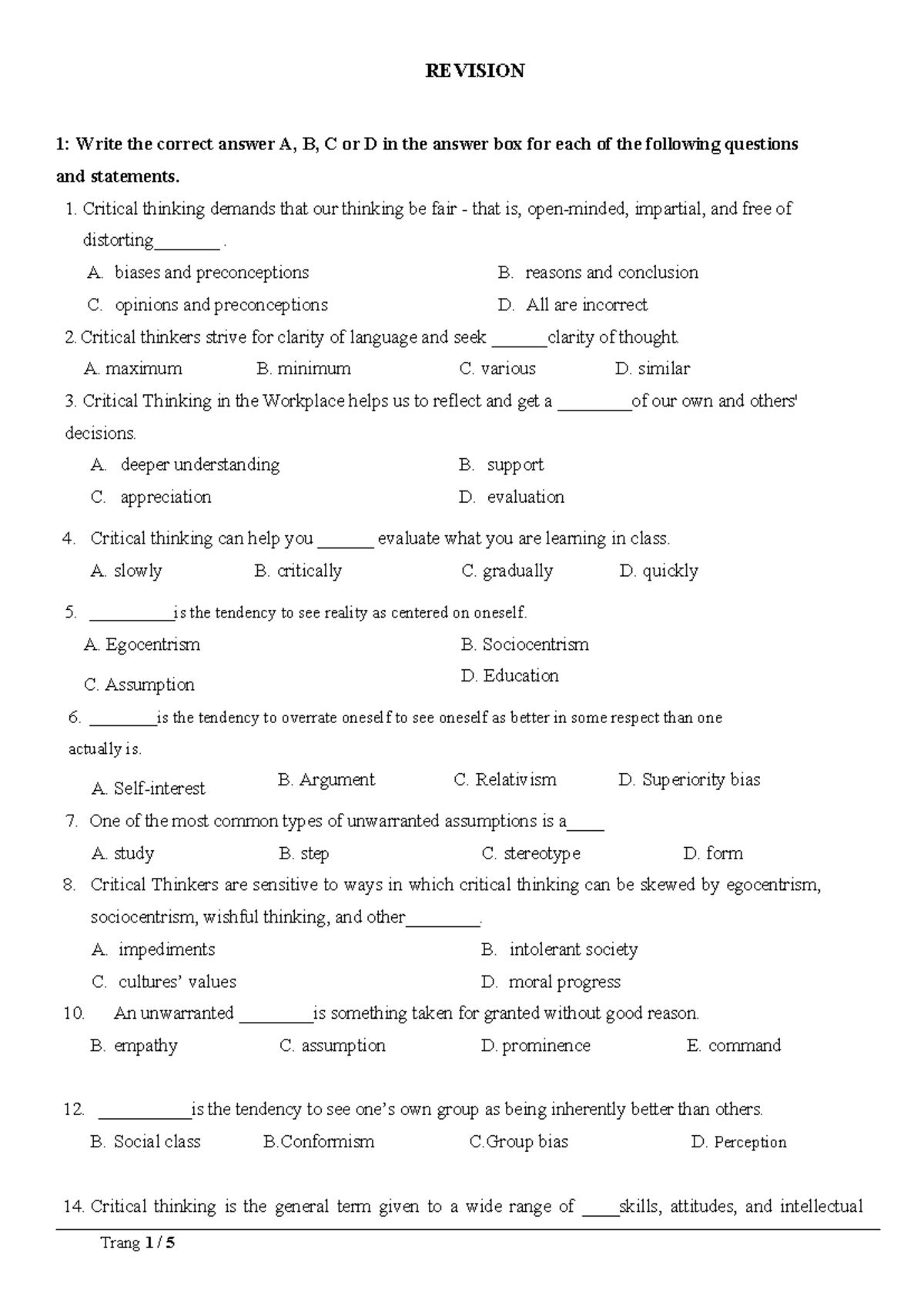 Critical Thinking Revision - Midterm Exam Questions & Answers - Studocu