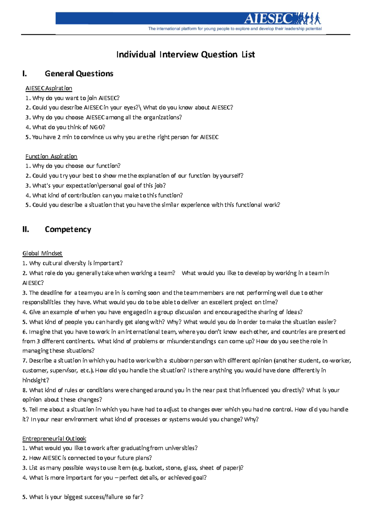 AIESEC Interview Prep: General & Competency Questions - Studocu