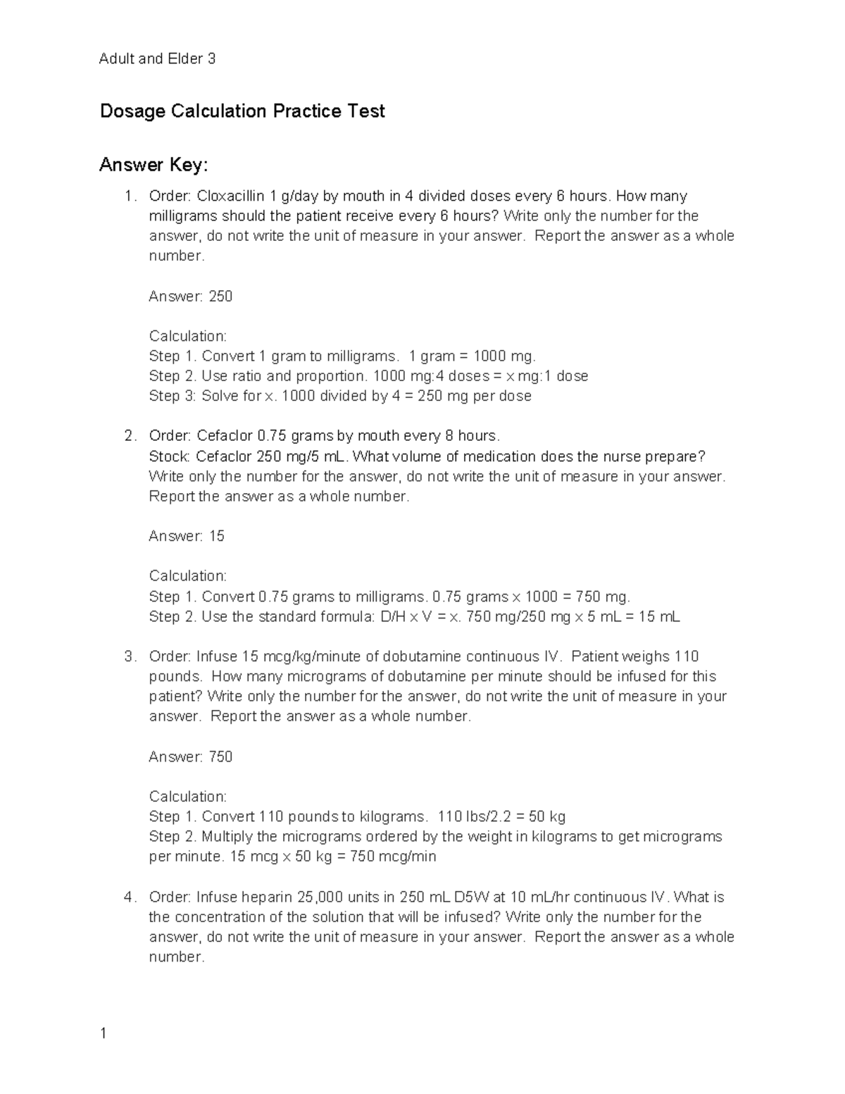 Practice Test Answer Key: AE3 Dosage Calculation 2023 - Studocu