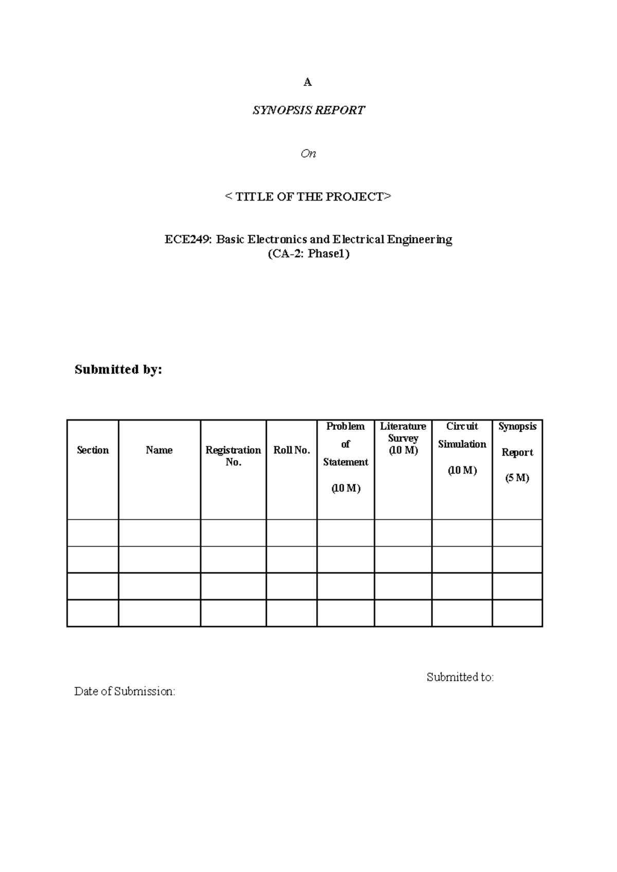 Synopsis Report for ECE249: Basic Electronics & Electrical Engg. - Studocu