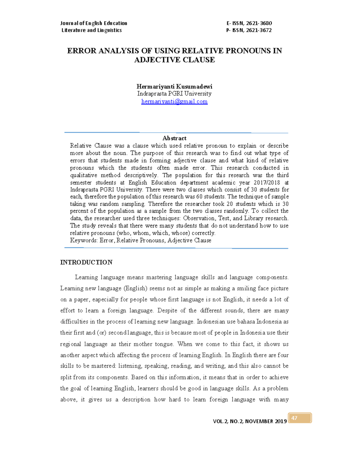 ERROR ANALYSIS OF RELATIVE PRONOUNS IN ADJECTIVE CLAUSES (ENG 201 ...