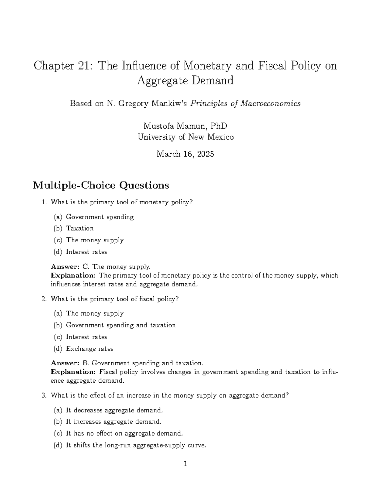 Chapter 21: Influence of Monetary & Fiscal Policy on Aggregate Demand ...