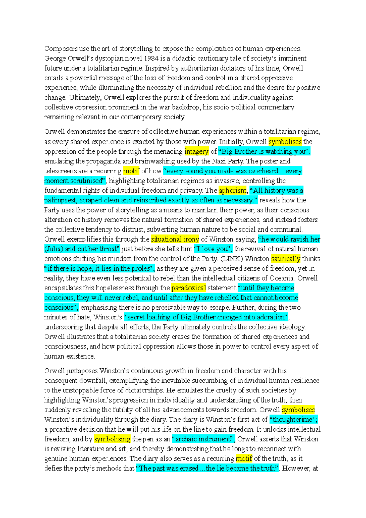 ENG 101 Essay: The Art of Storytelling in Orwell's 1984 - Studocu
