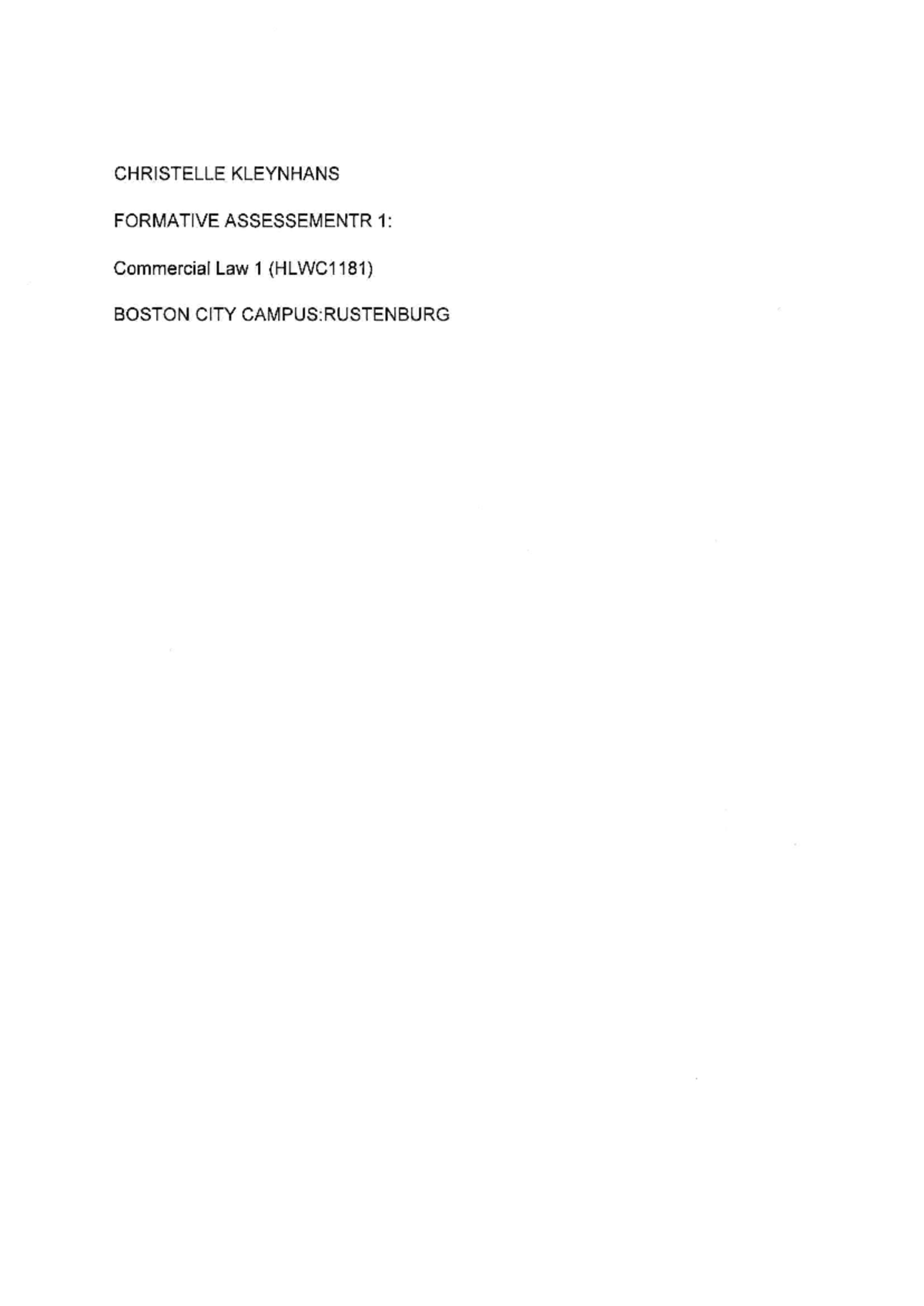 Commercial Law 1 (HLWC1181) Formative Assessment 1 Notes - Studocu
