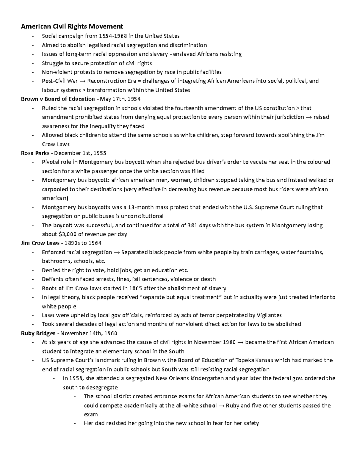 American Civil Rights Movement Notes (HIST 101) - Studocu