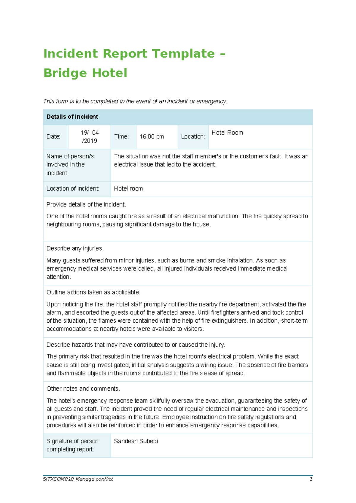 SITXCOM010 Incident Report Template for Bridge Hotel Emergency - Studocu