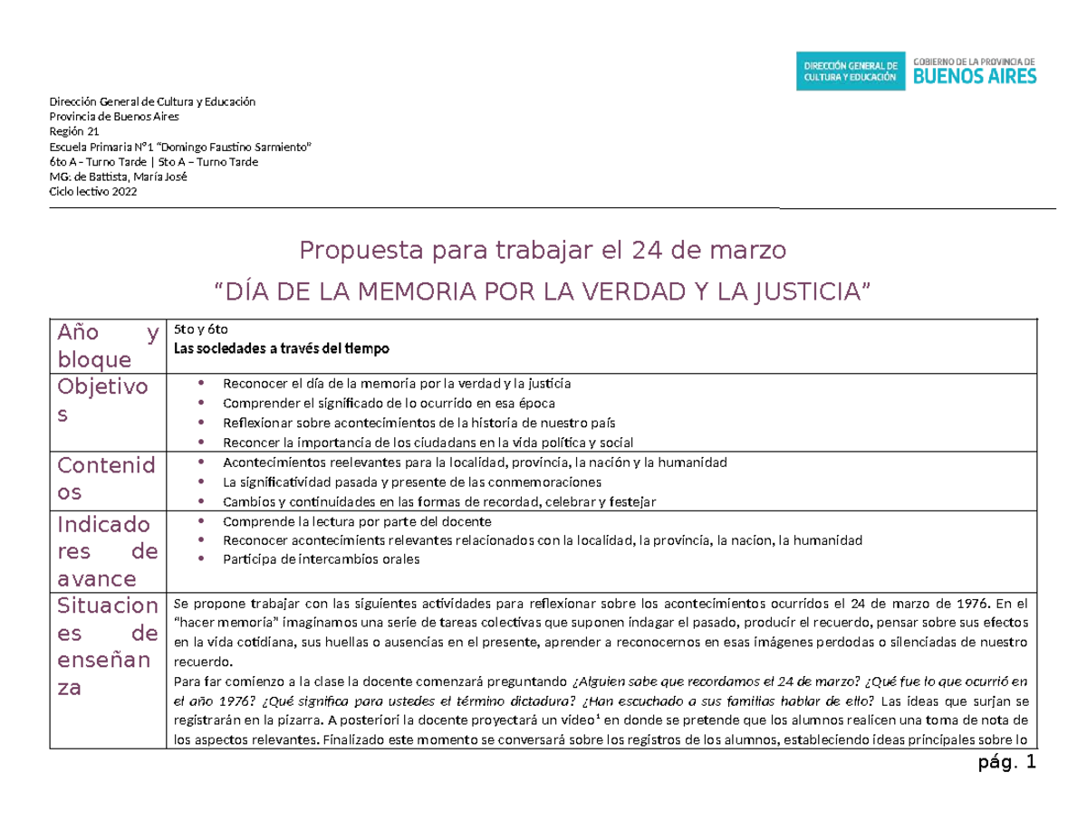 Día de la Memoria por la Verdad y la Justicia - 5to y 6to Años - Studocu