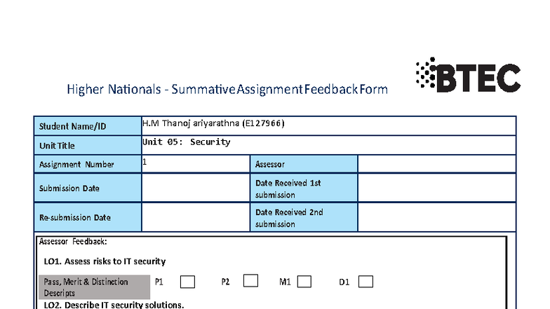 Security Assignment Feedback Form: Unit 05 - Security (E127966) - Studocu