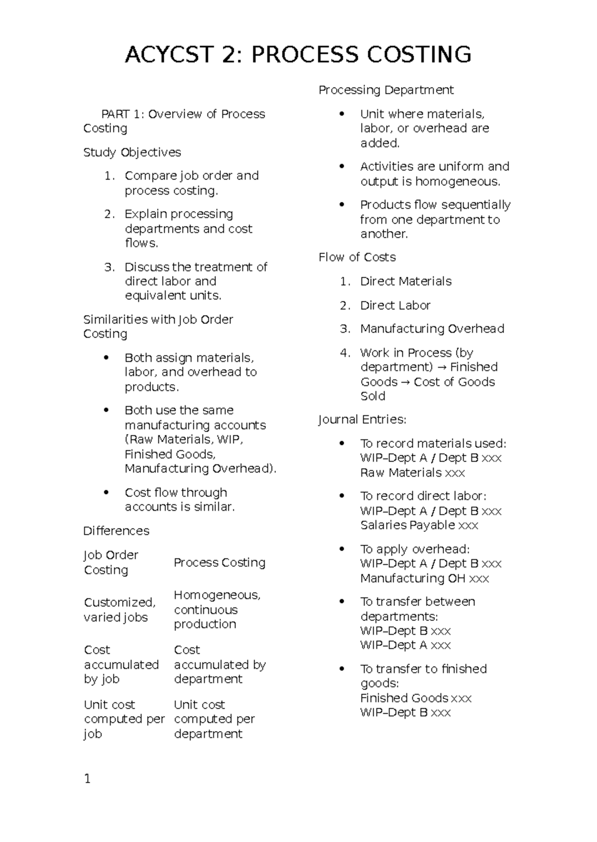 ACYCST 2: Process Costing Overview and Key Concepts - Studocu