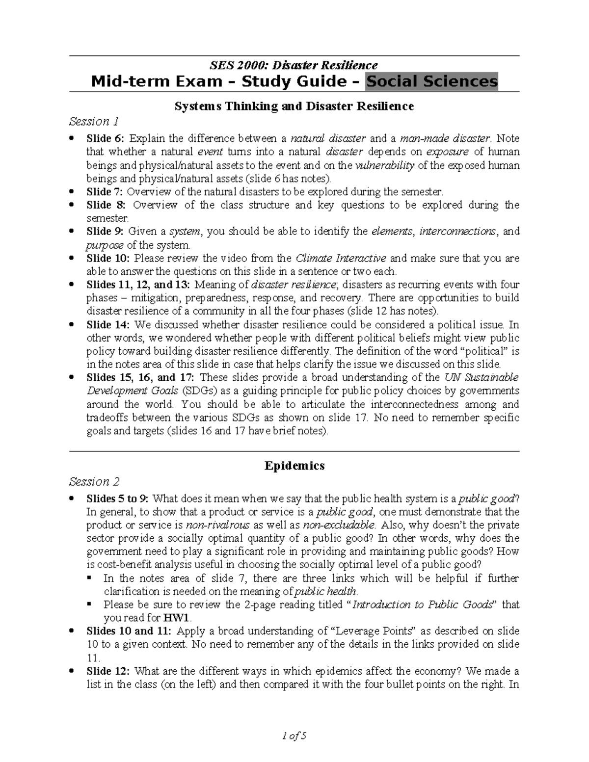 SES 2000: Disaster Resilience - Midterm Exam Study Guide - Studocu