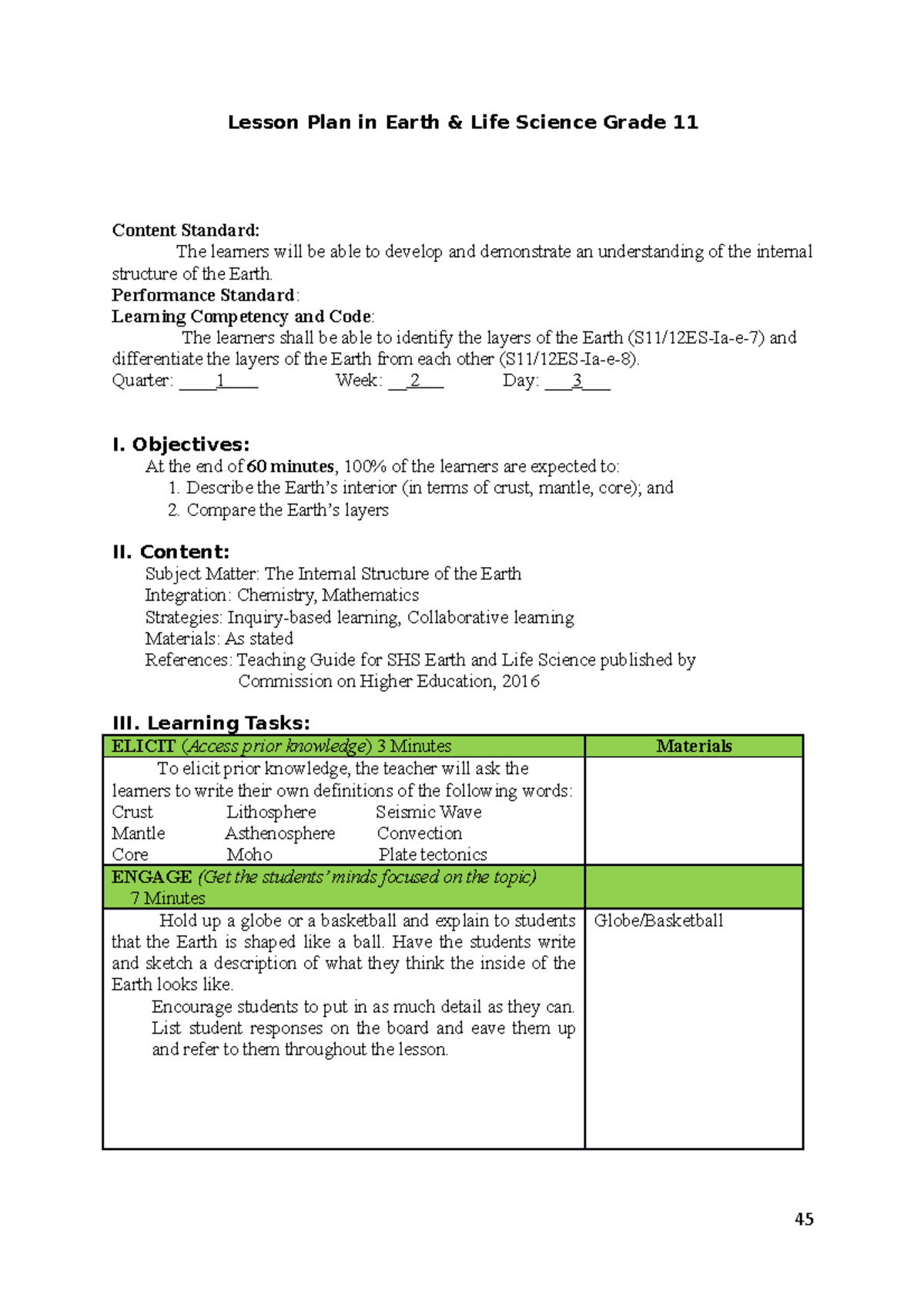 LC 7-8 - Earth & Life Science Grade 11 Lesson Plan: Internal Structure ...