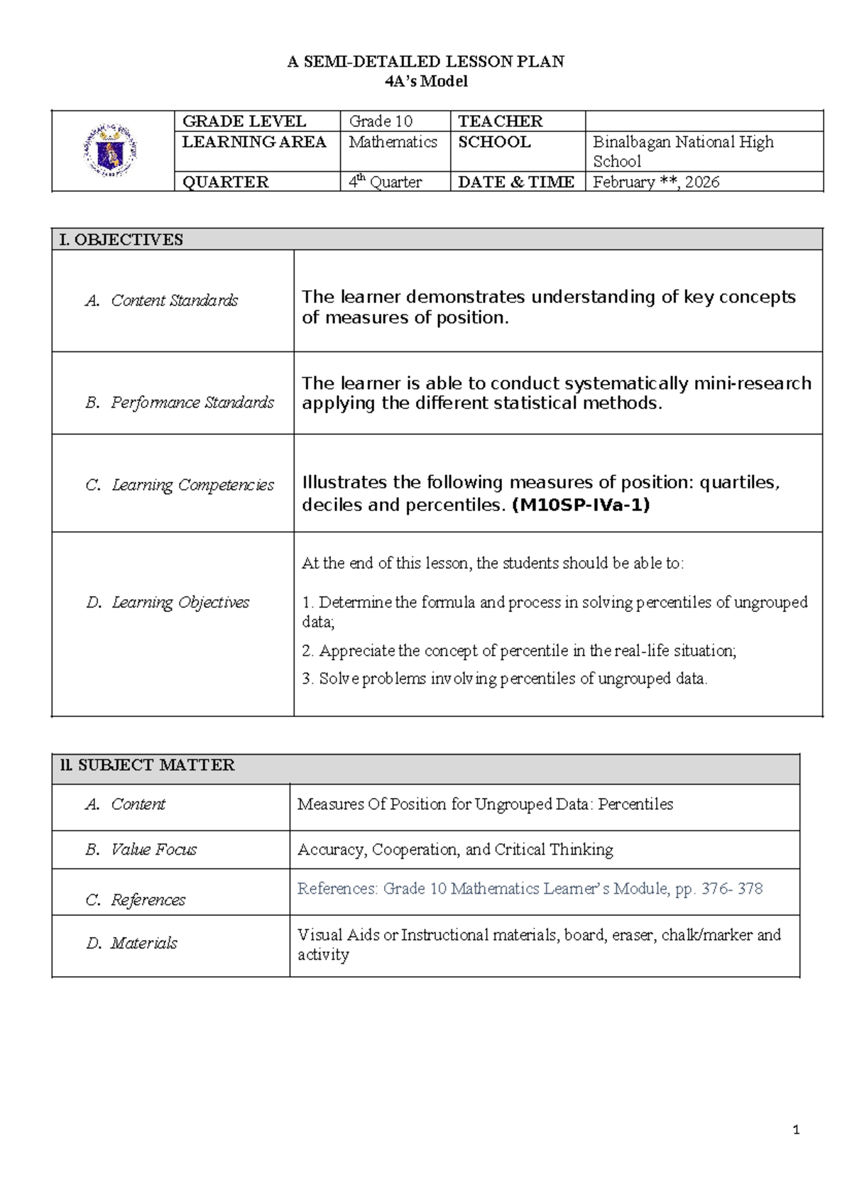DLP G10 Math Lesson Plan: Understanding Percentiles - Studocu