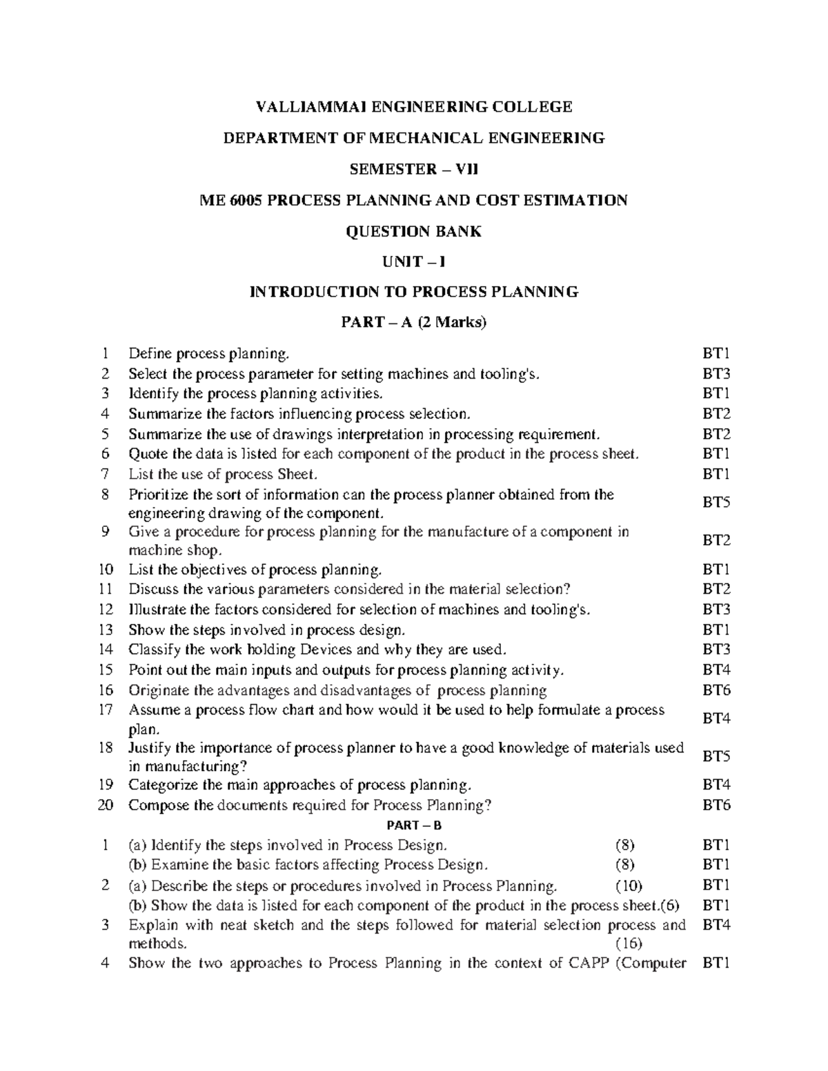 ME6005 Process Planning & Cost Estimation: Question Bank & Guide - Studocu