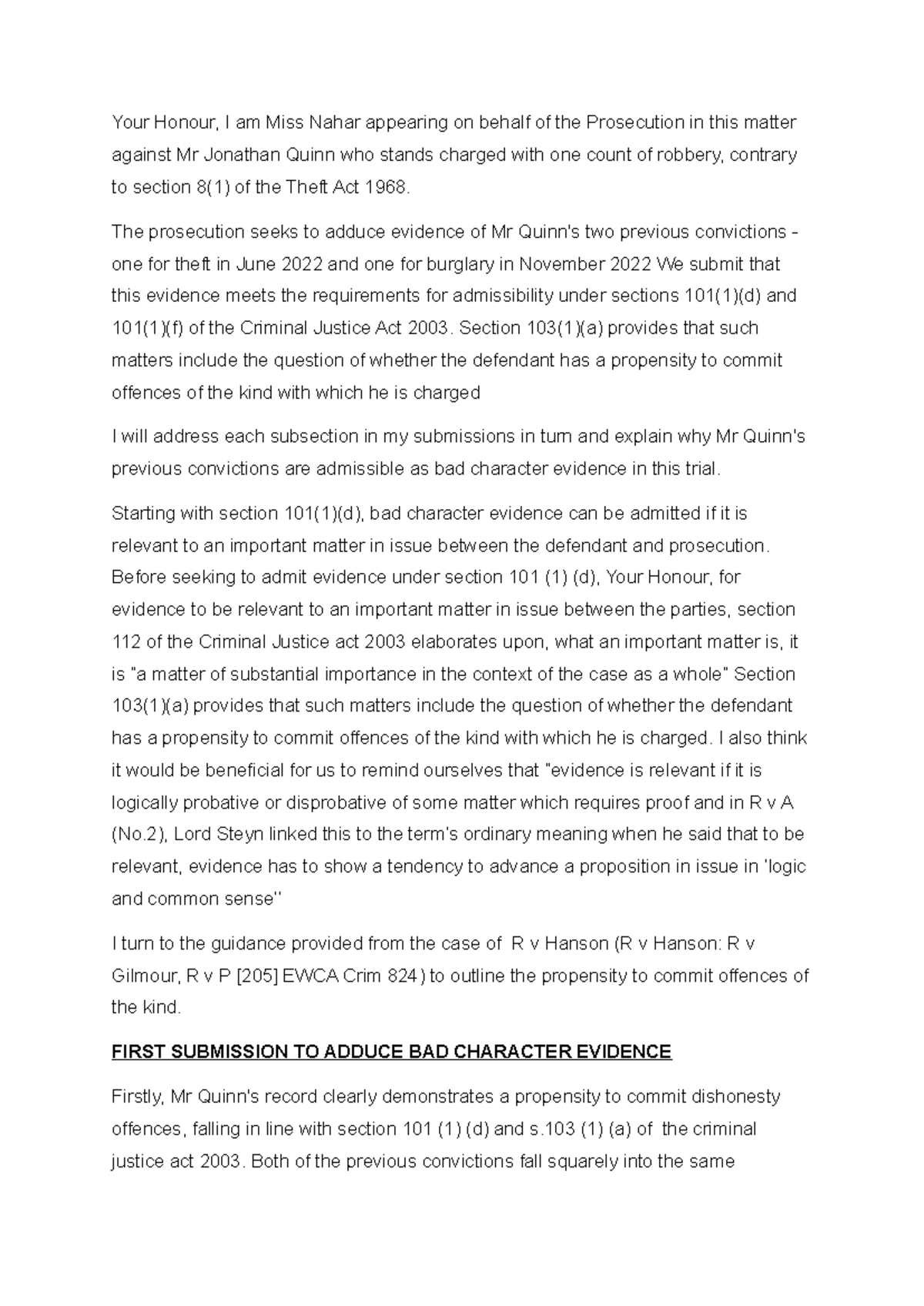 CJA 2003: Submissions to Adduce Bad Character Evidence in Trial - Studocu