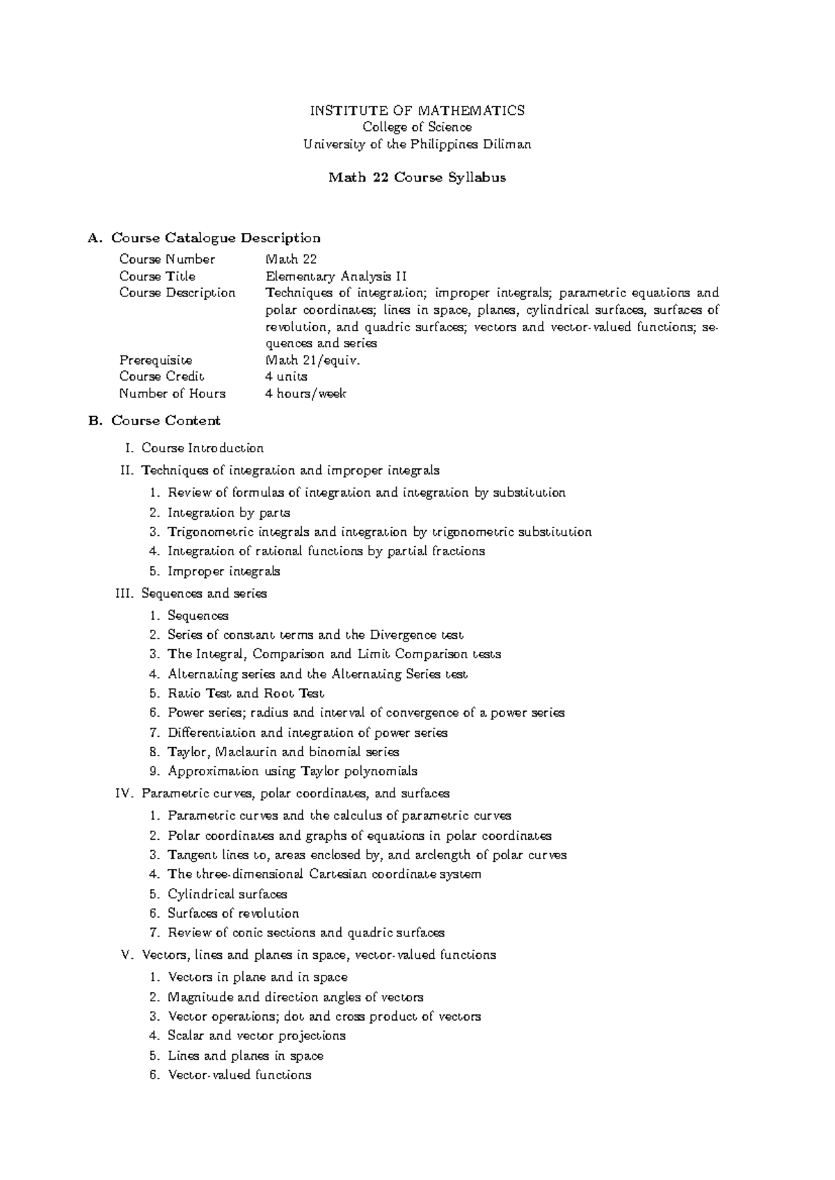 Math-22 - Syllabus for Elementary Analysis II Course - Studocu