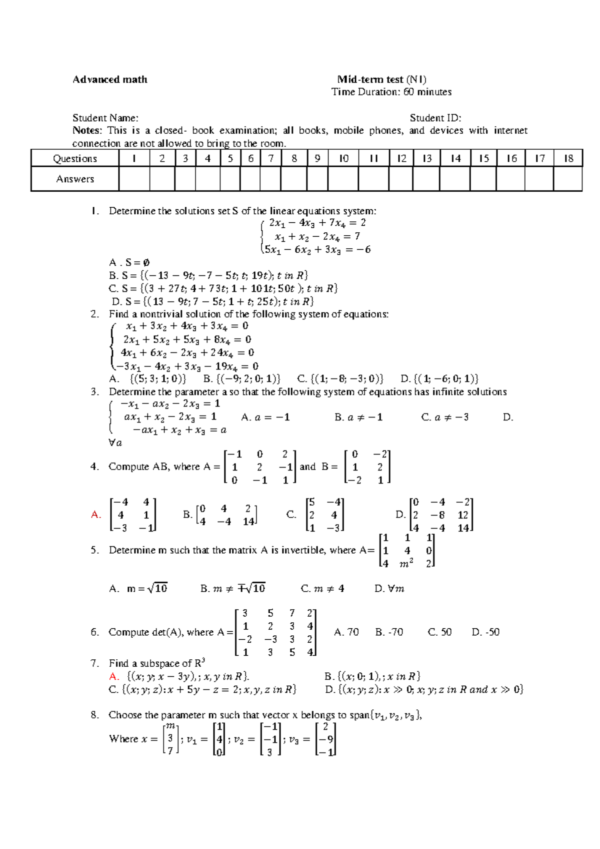 Advanced Math N1 Midterm Exam Review and Solutions Guide - Studocu