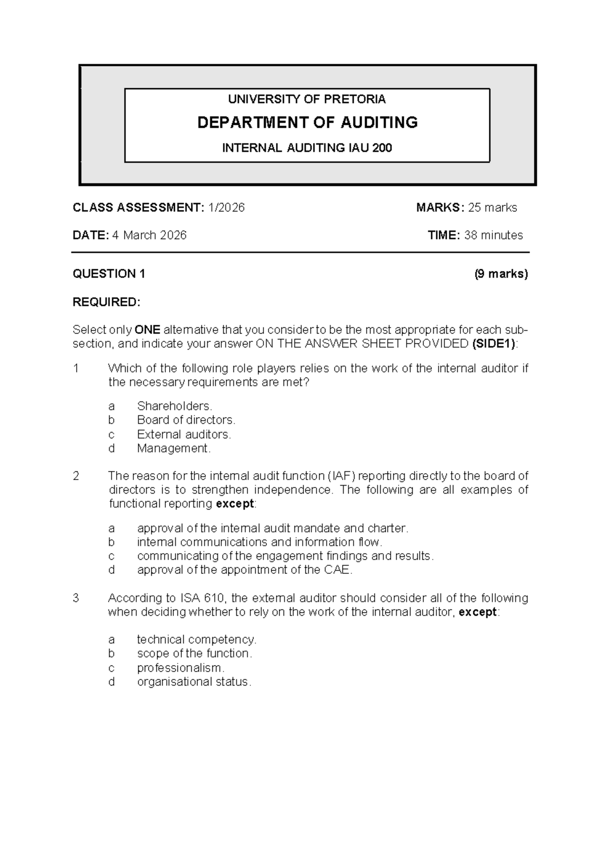IAU 200 Class Assessment: Internal Auditing Questions & Answers 2026 ...