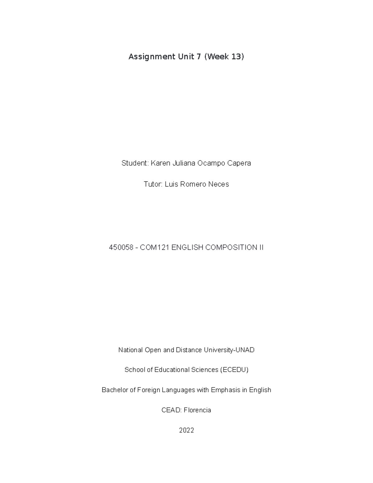 Assignment Unit 7 (Week 13) - Assignment Unit 7 (Week 13) Student ...