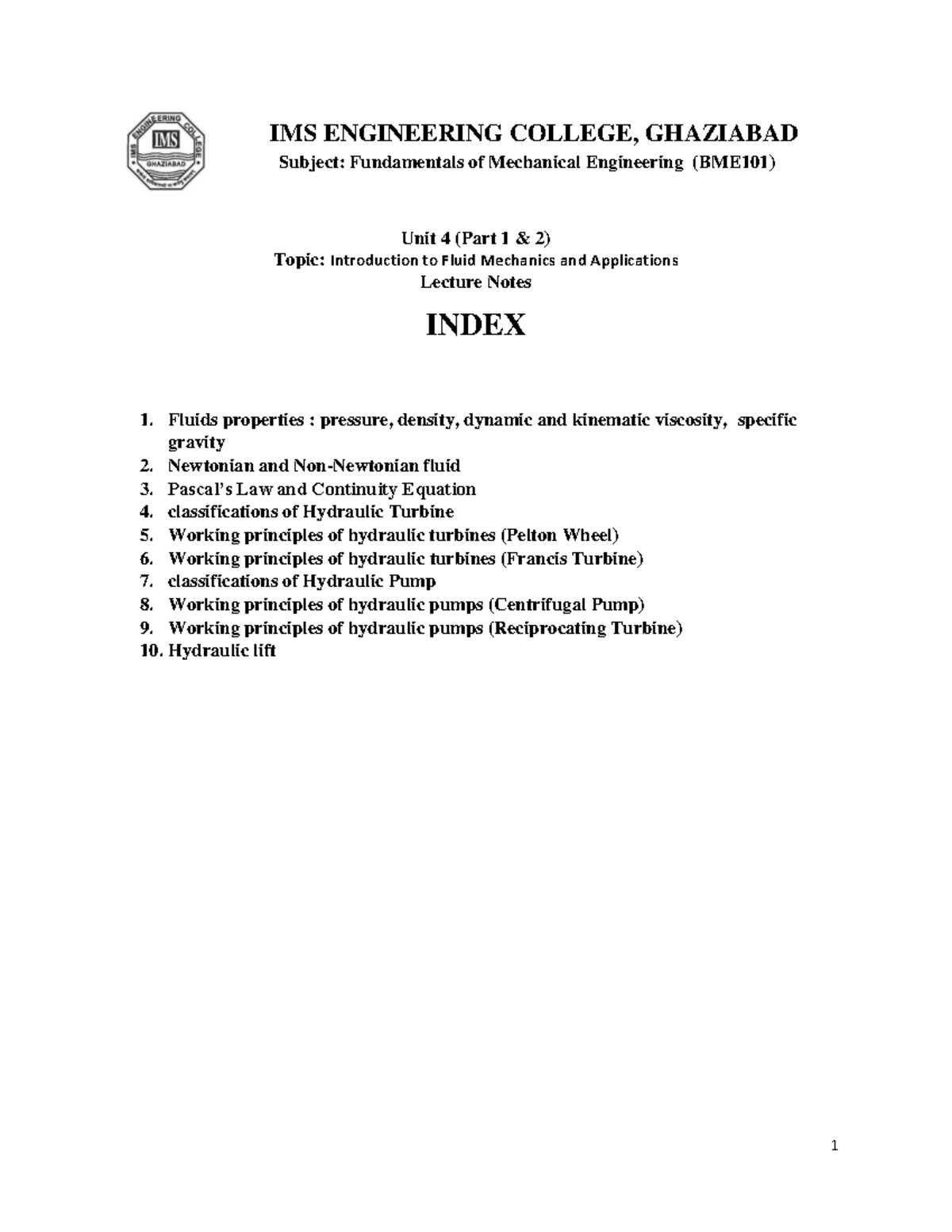 Lecture Notes on Fluid Mechanics & Applications (BME101) Unit IV - Studocu