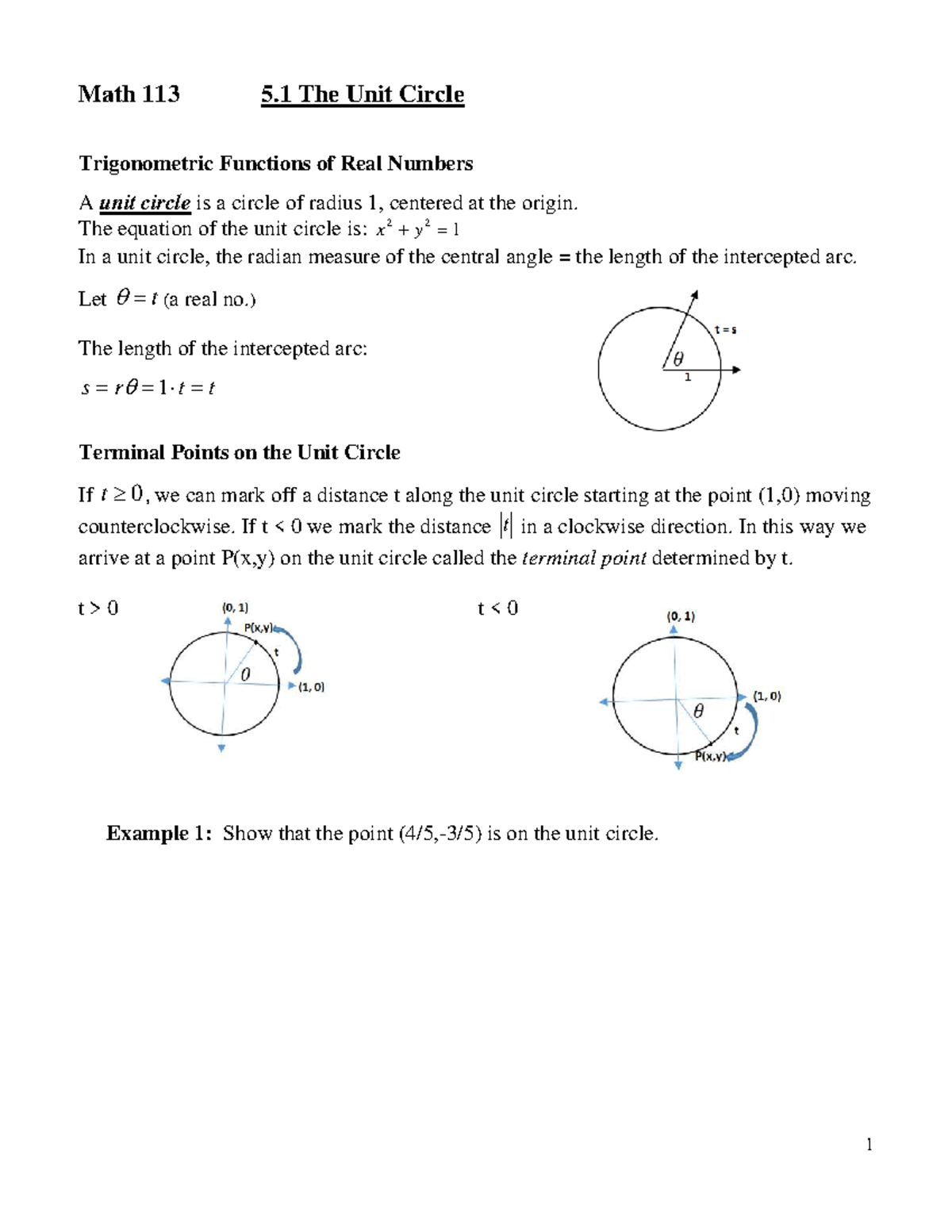 Math 113: 5.1 The Unit Circle Lecture Notes - Studocu