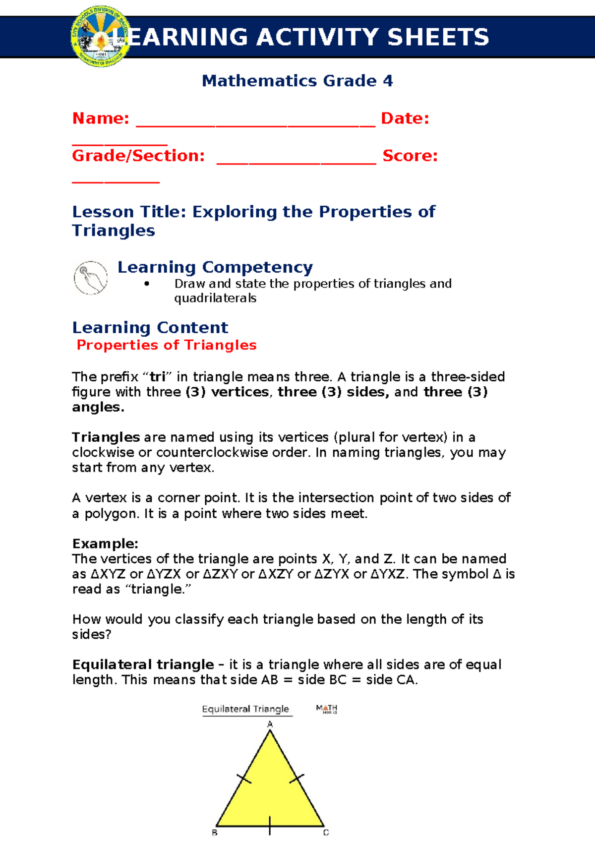 Mathematics Grade 4: Exploring Triangle Properties Activity Sheet - Studocu