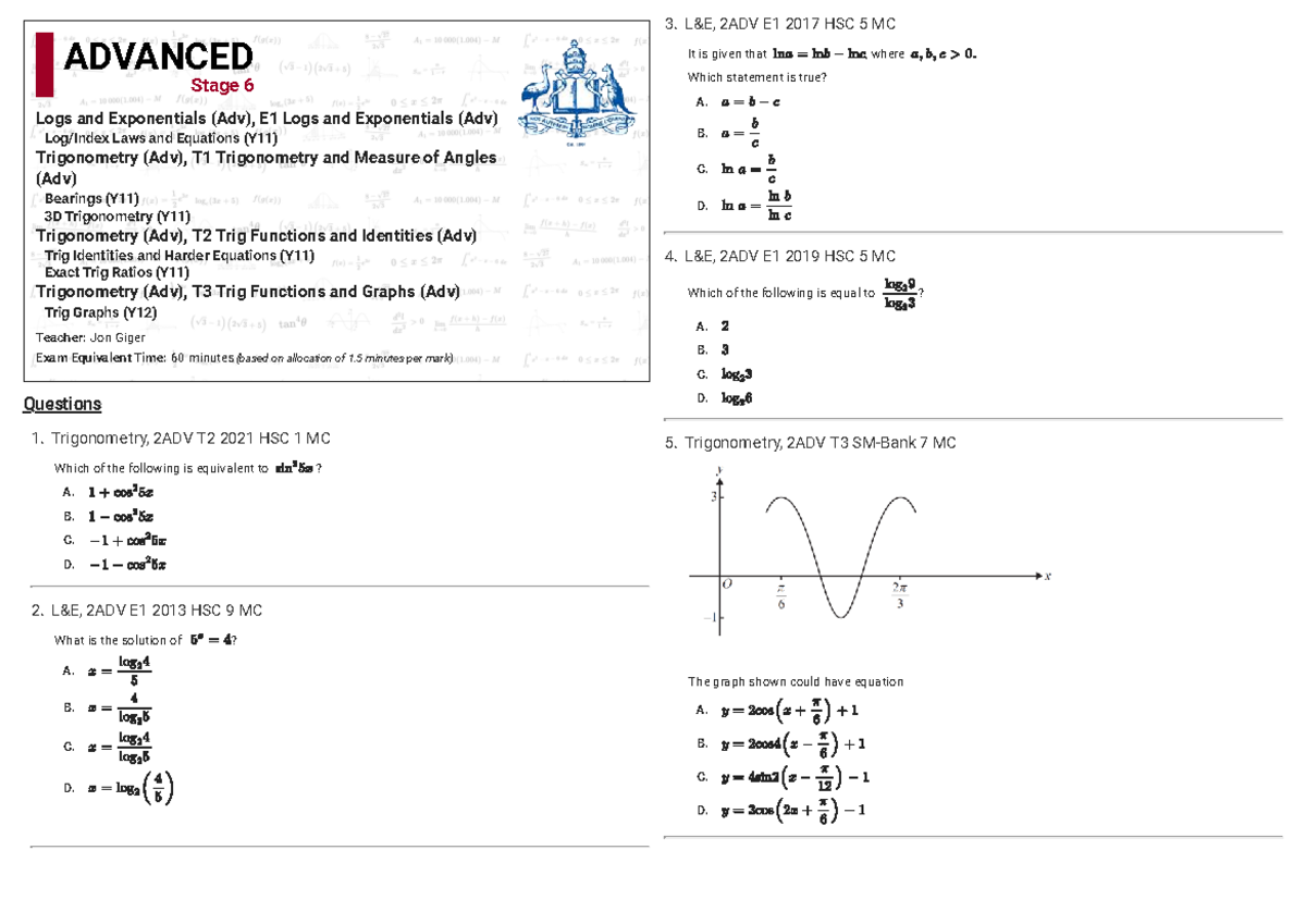 Yr 11 Adv Trigonometry Revision Questions 2ADV HSC - Studocu