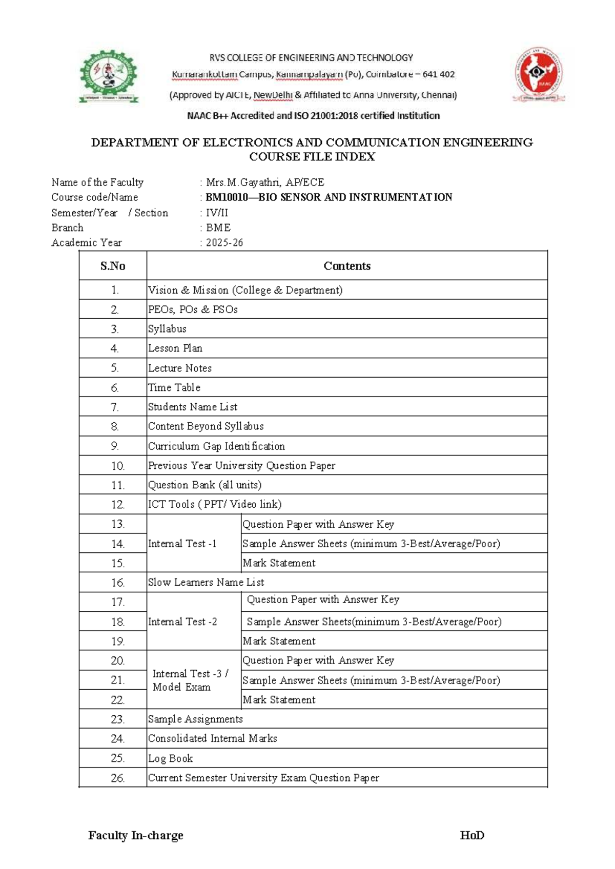 Course File Index for BME: Sensor and Instrumentation - Studocu