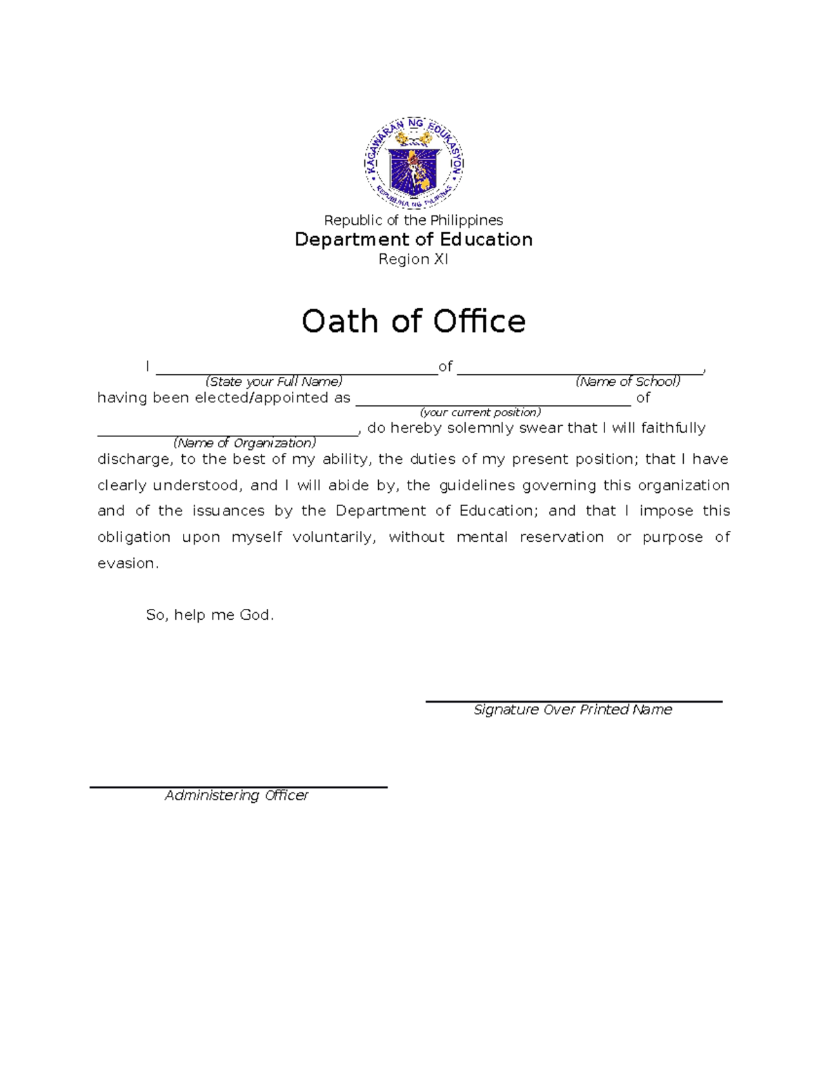 OATH - Oath of Office Form for Student Organization Officers - Studocu