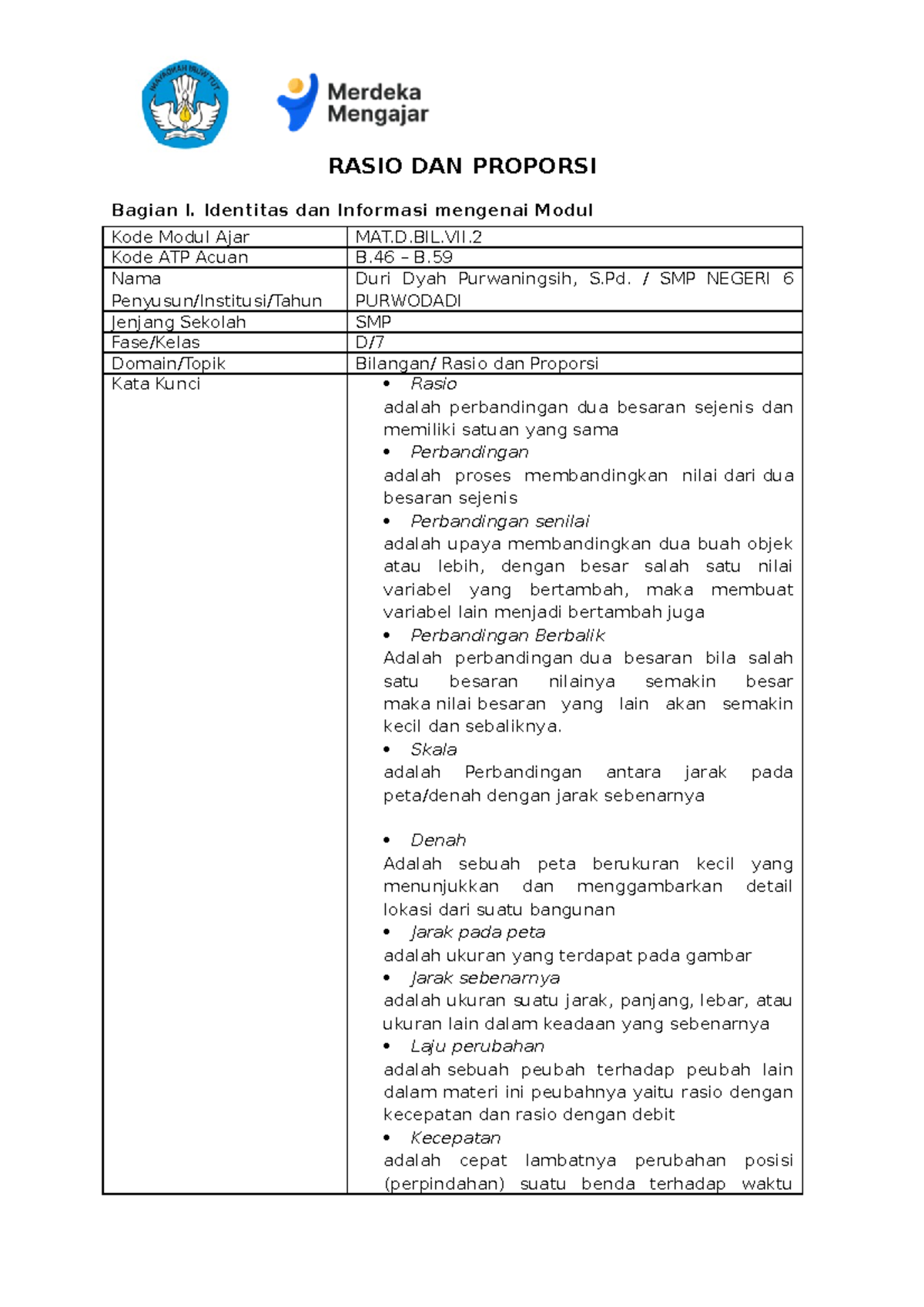 MA Rasio dan Proporsi - Modul Ajar Kelas VII SMP - Studocu