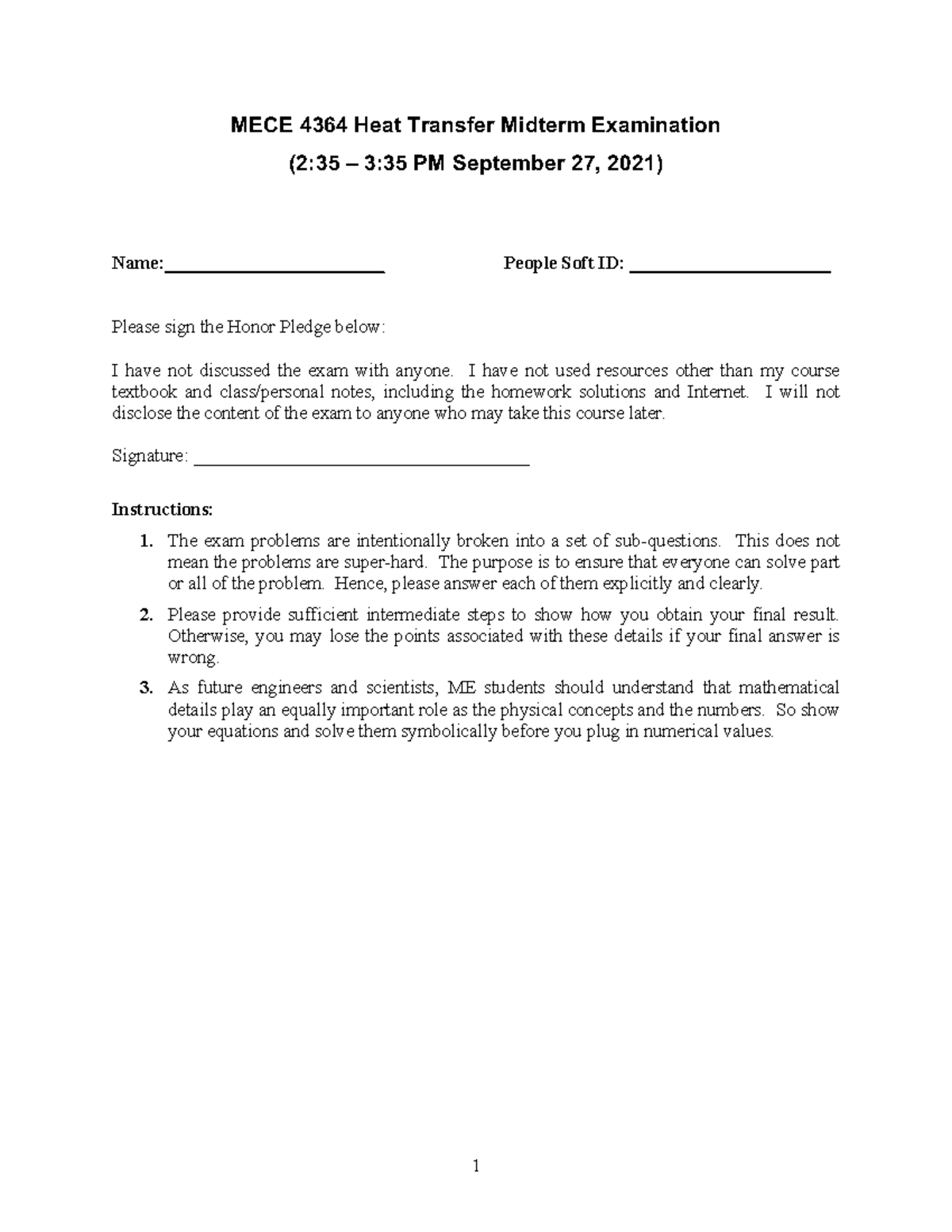 MECE 4364 Heat Transfer Midterm Exam - Sample Paper Fall 2021 - Studocu