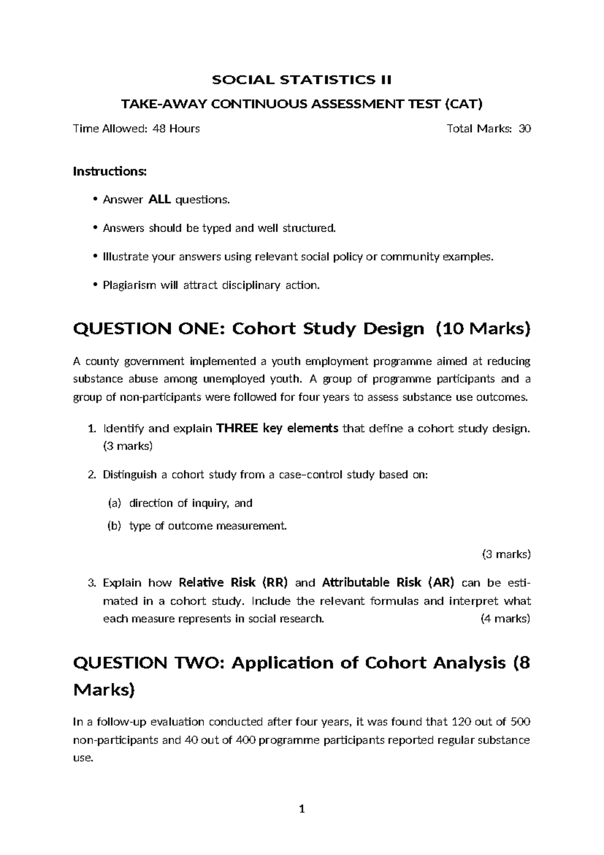 SOCIAL STATISTICS II CAT: Cohort Study Design & Analysis Insights - Studocu