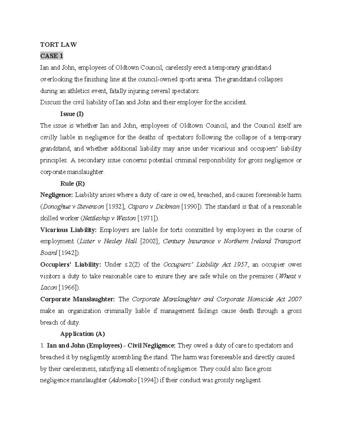 TORT LAW CASE STUDY: Civil Liability and Negligence Analysis - Studocu