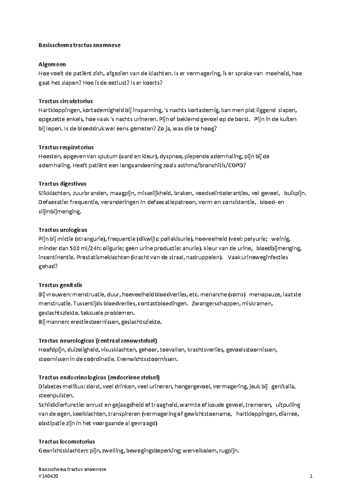 Basisschema Tractus Anamnese V140420: Een Compleet Overzicht - Studeersnel