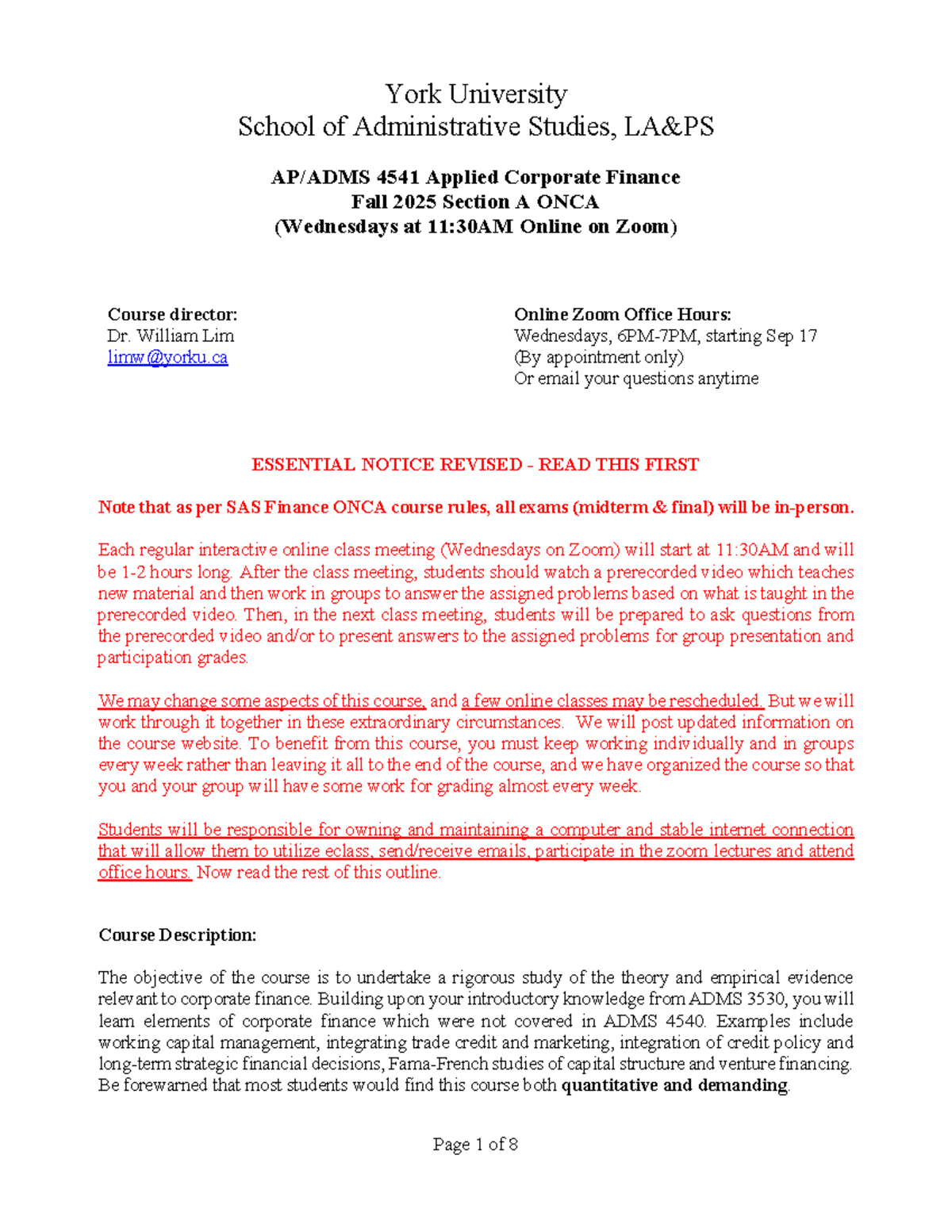 ADMS 4541 Applied Corporate Finance Fall 2025 Course Outline - Studocu
