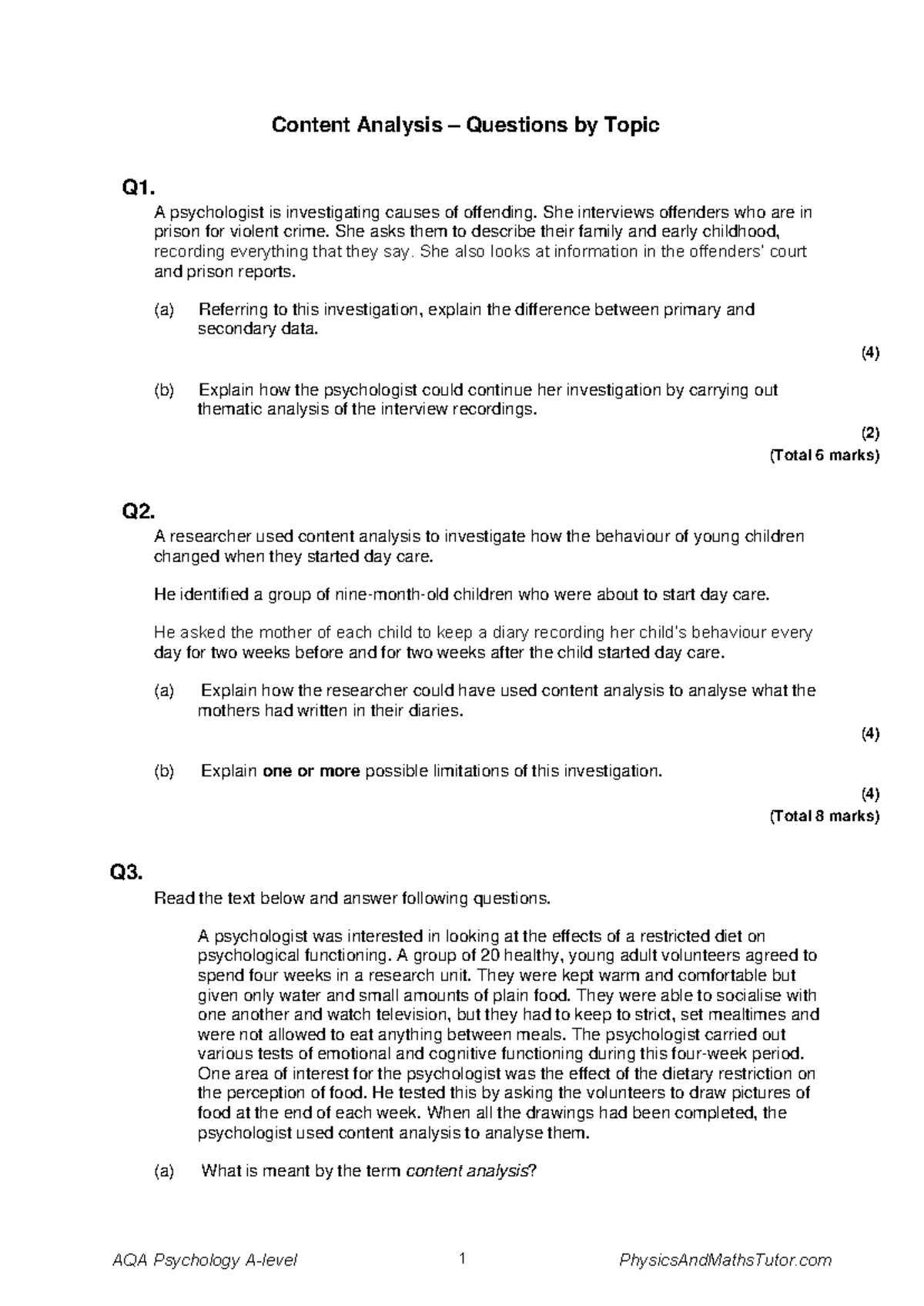 Content Analysis - Practice Exam Questions for AQA Psychology - Studocu
