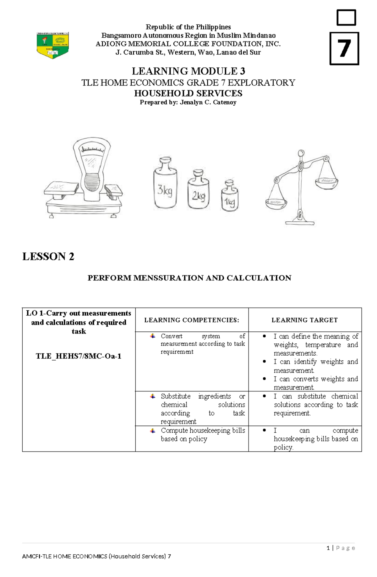 TLE 7 Home Economics Module 3: Weights, Measurements & Substitutions ...