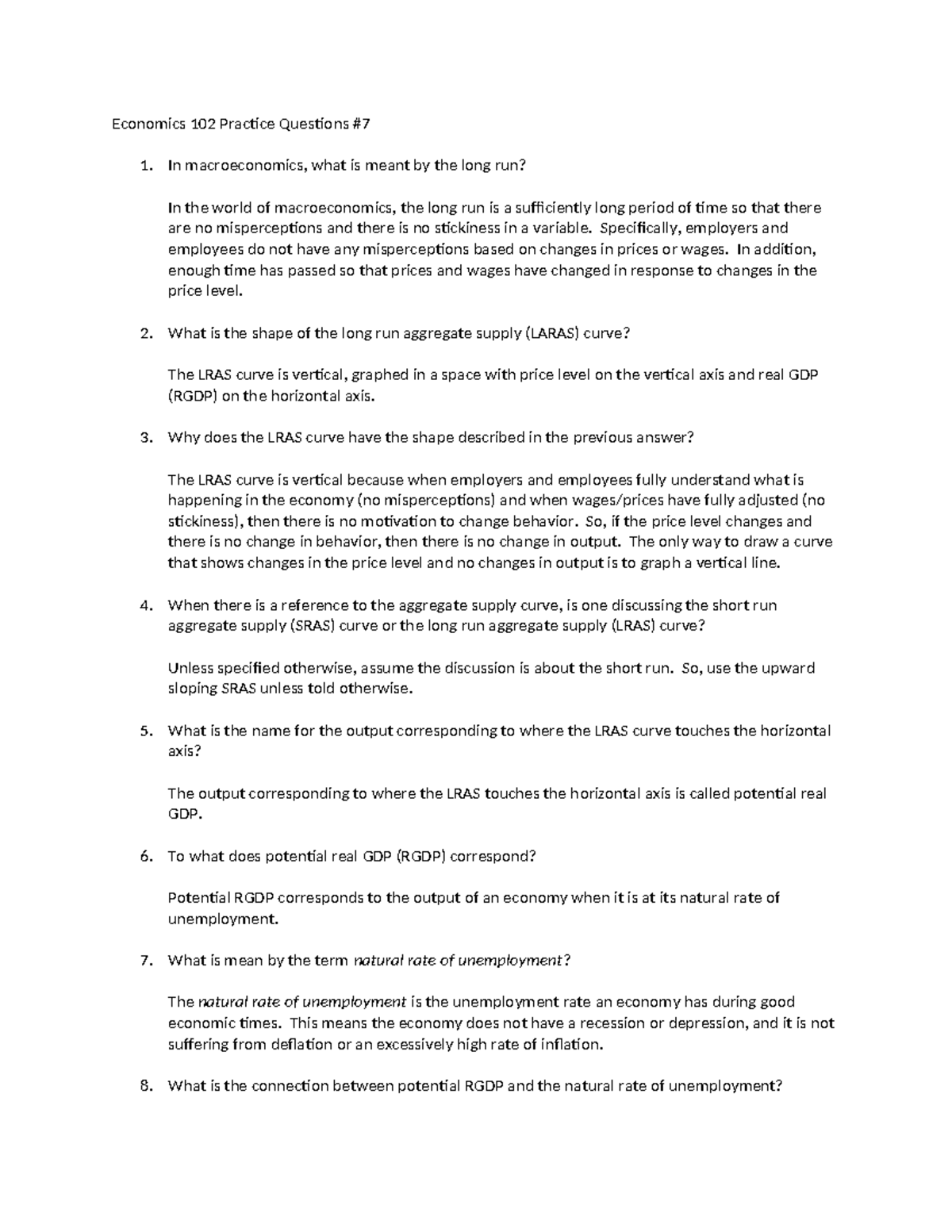 Economics 102 Practice Questions #7: Long Run Concepts Explained - Studocu