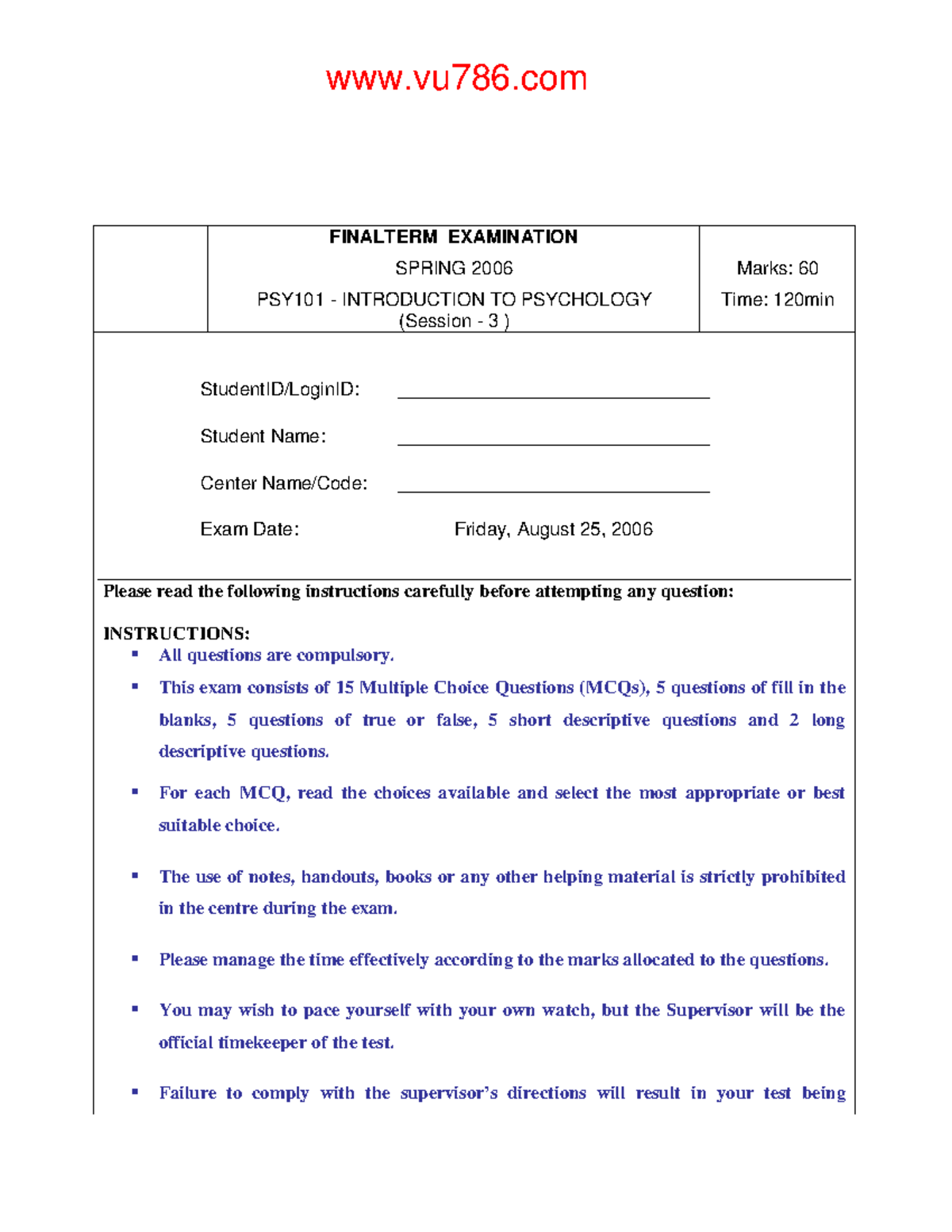 Final Term Past Papers - FINALTERM EXAMINATION SPRING 2006 PSY101 ...