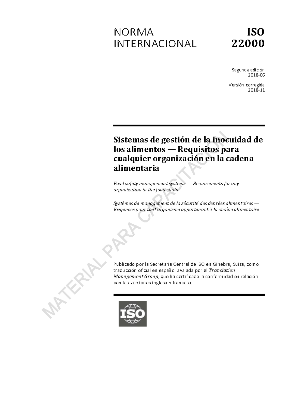 ISO 22000:2018 Capacitación en Sistemas de Gestión de Inocuidad ...