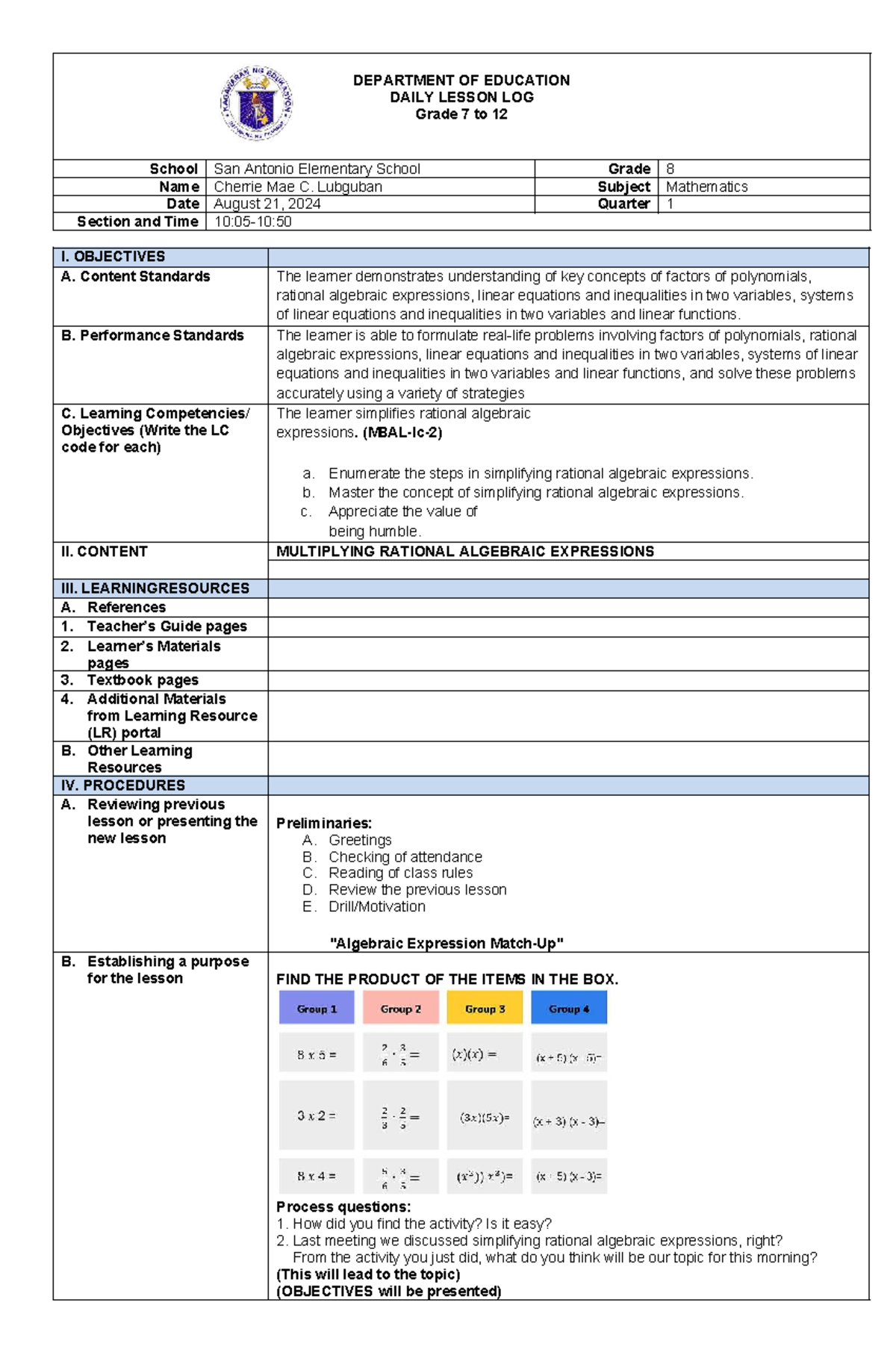 Daily Lesson Log: Multiplying Rational Algebraic Expressions (MATH 8 ...