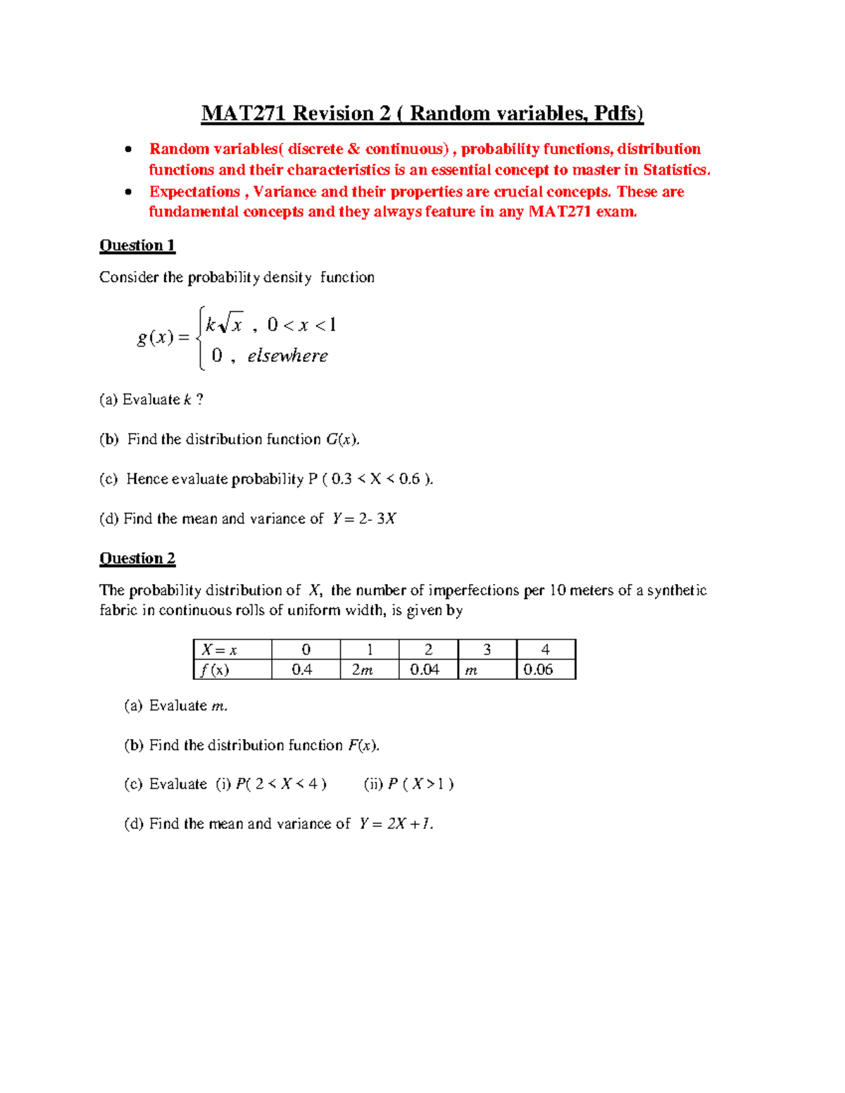 MAT271 Final Exam Revision: Random Variables & PDFs - Studocu