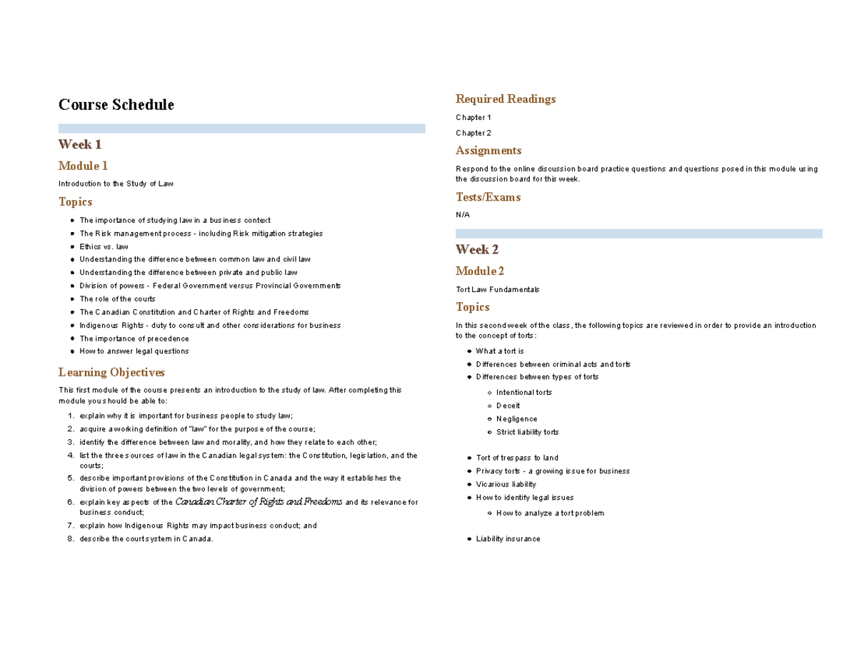 CLAW122 Course Outline: Introduction to Law & Business Torts - Studocu