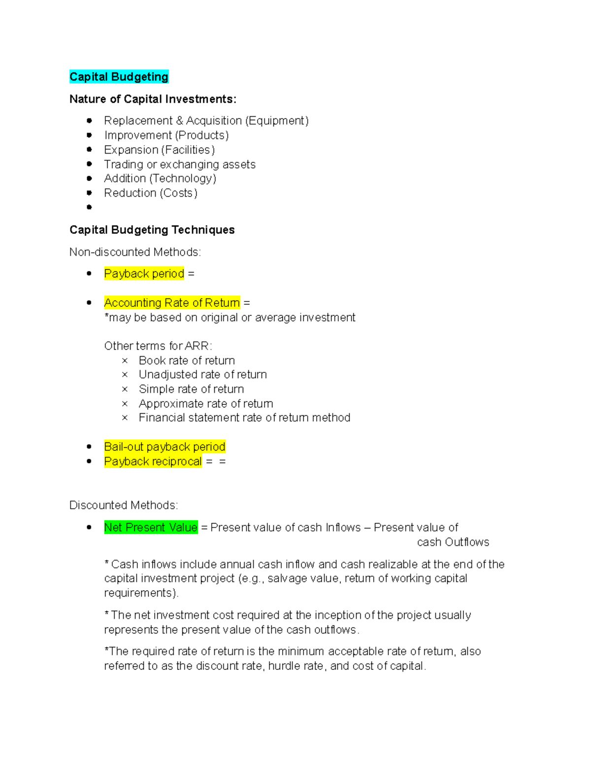Capital Budgeting Techniques and Costs: Notes for [Course Code] - Studocu
