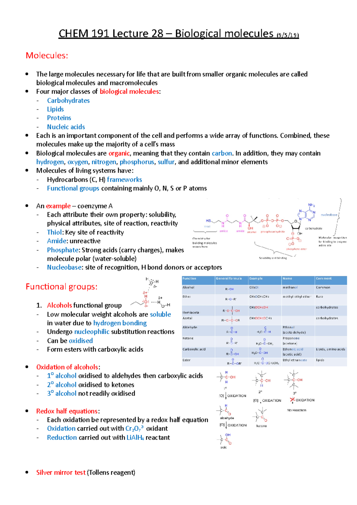 CHEM 191 Lecture 28: Overview of Biological Molecules and Functions ...
