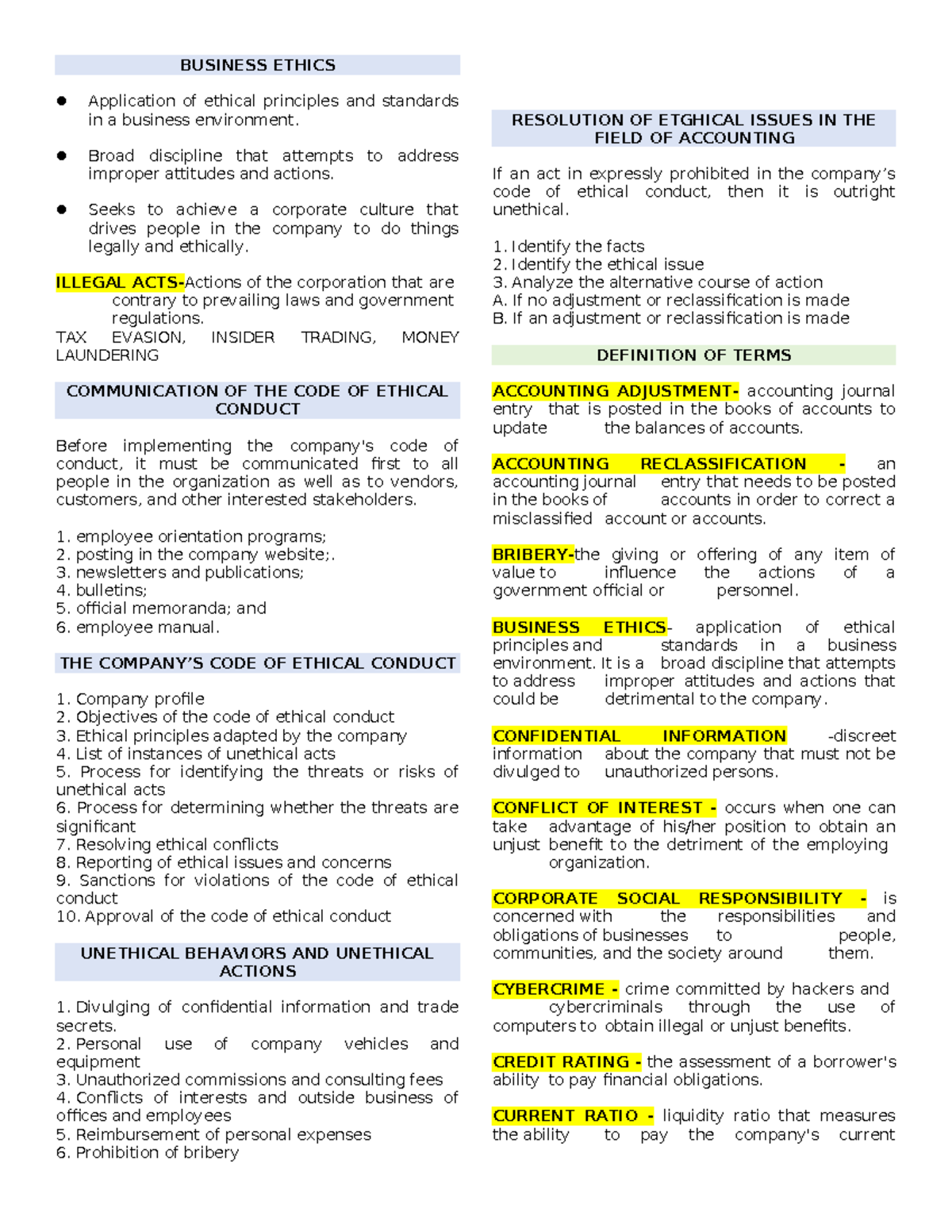BUSINESS ETHICS (BUS 101) Final Exam Study Notes on Ethical Standards ...