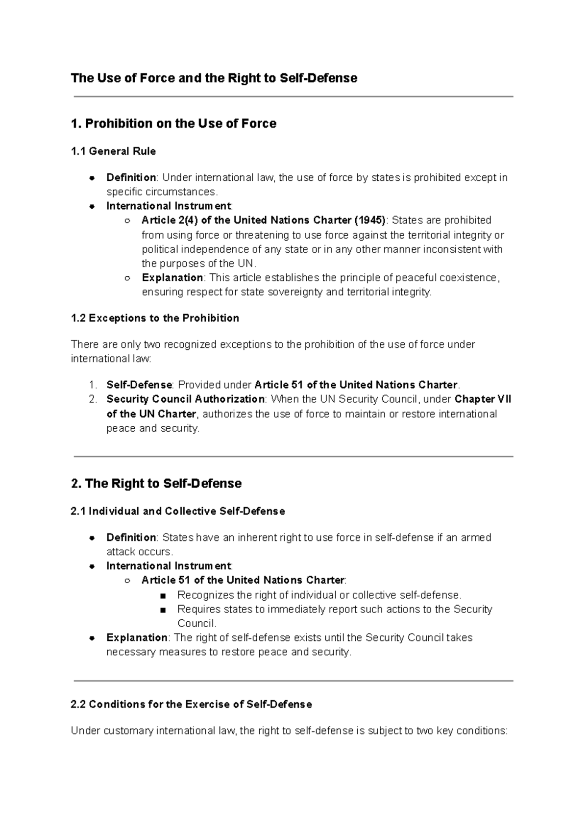 International Law: Use of Force & Right to Self-Defense Analysis - Studocu