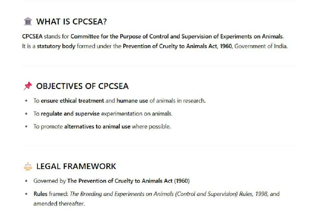 CPCSEA Guidelines for Animal Experimentation: Key Insights - Studocu
