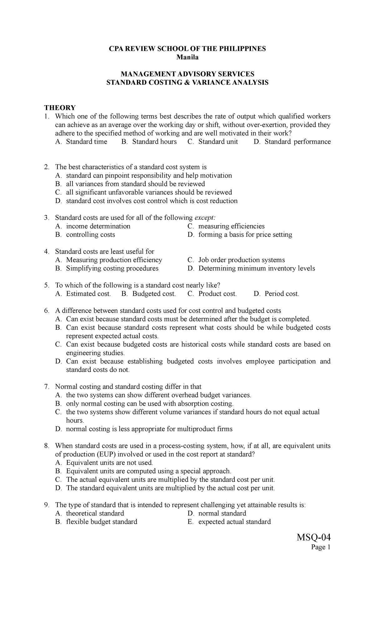 Standard Costing & Variance Analysis - MAS 101 Notes - Studocu